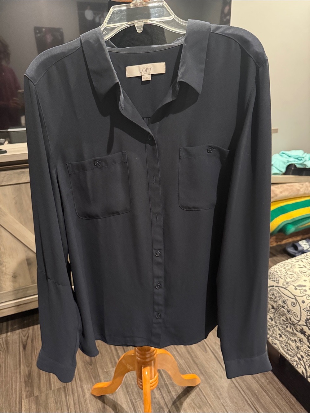 LOFT Navy Long-Sleeve Button-Front Blouse